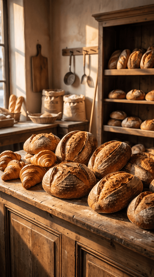 Fresh breads and croissants on the bakery counter